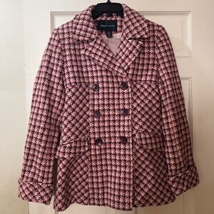 Moda International Pink and Burgundy Houndstooth Double-Breasted Peacoat Small